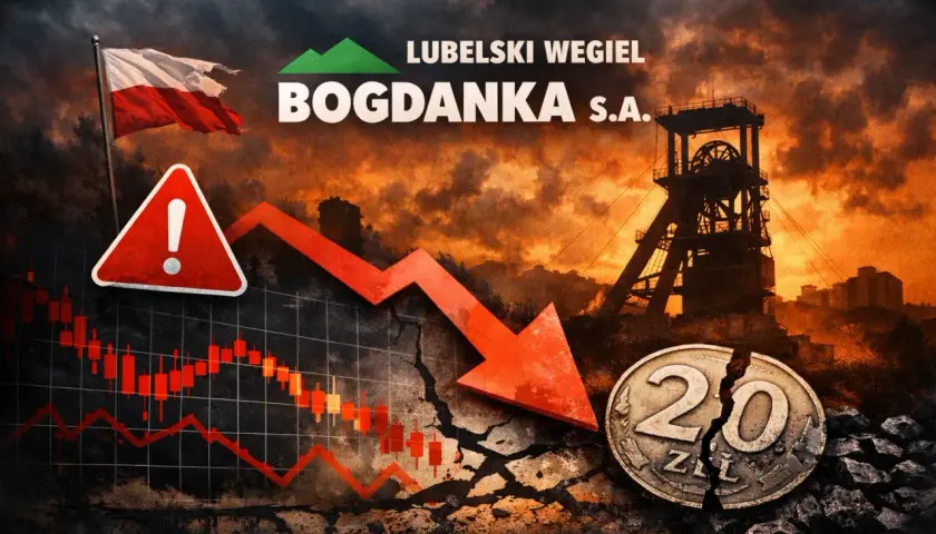 Kurs LWB w dół, złamana moneta 20 zł, ostrzeżenie i flaga Polski na tle kopalni Bogdanka.