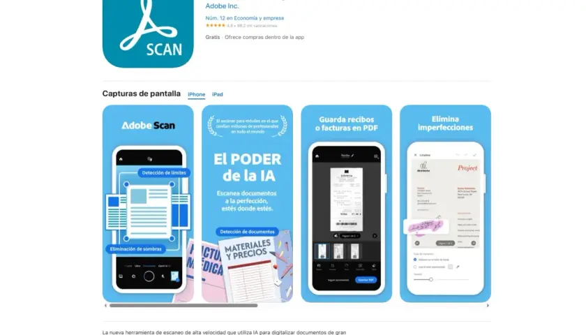 Adobe Scan: escáner móvil para digitalizar documentos. Permite escanear documentos, recibos y eliminar imperfecciones.