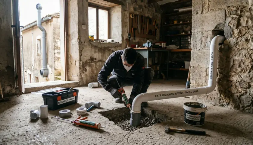 Un hombre instala un sistema de extracción de radón en un hogar. La mitigación del radón es crucial para la salud.