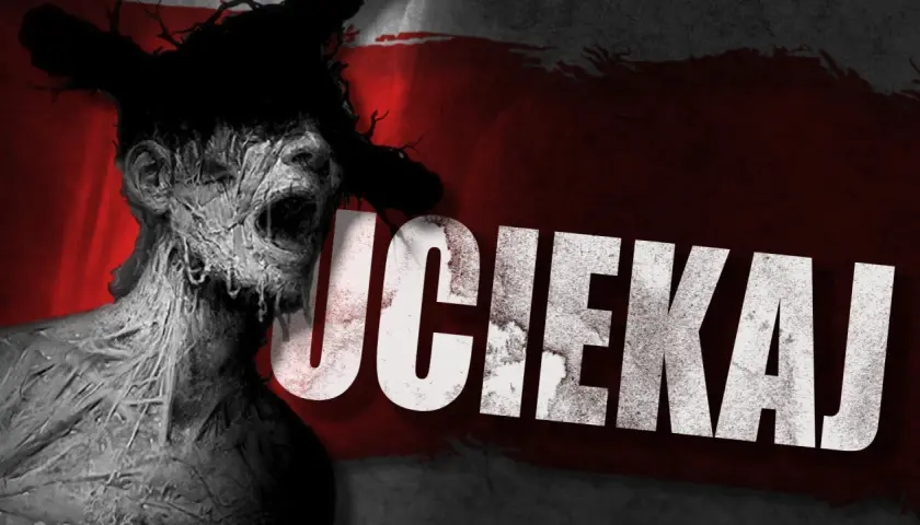 Przerażająca postać z polskiego horroru gry, z wykrzywioną twarzą i napisem "UCIEKAJ".