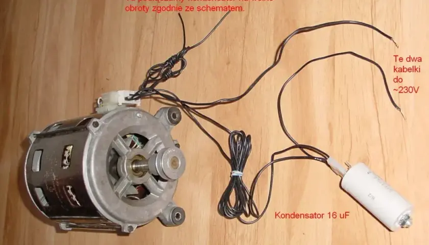 Silnik elektryczny z podłączonym kondensatorem 16 uF. Pokazano, jak podłączyć kondensator na wolne obroty.