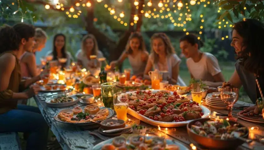 Une belle soirée d'été avec des amis autour d'une table garnie. Une idée entrée parfaite pour un repas convivial sous les guirlandes lumineuses.