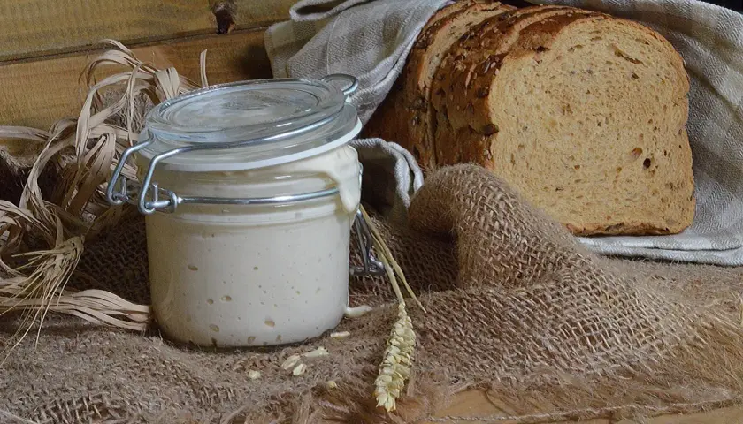 Un barattolo di lievito madre attivo, con una fetta di pane rustico sullo sfondo. Ingredienti naturali per un pane fragrante.