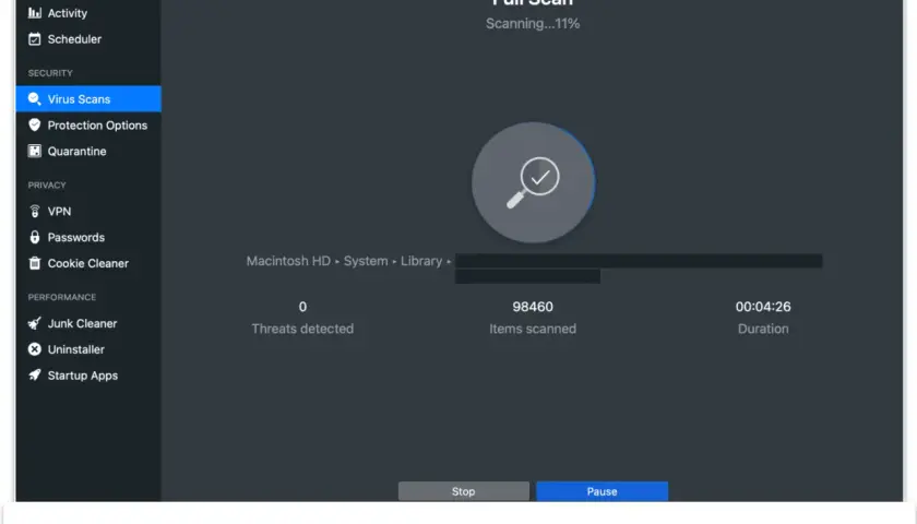Skanowanie komputera programem antywirusowym Avira Free Security. Pełne skanowanie trwa, wykryto 0 zagrożeń.