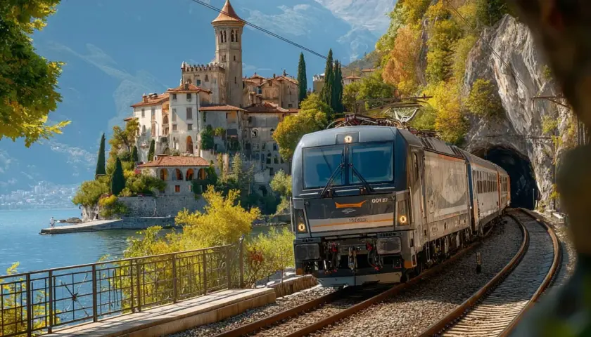 Un train moderne quitte un tunnel pour admirer un château pittoresque au bord d'un lac, une invitation à aller en Italie en train.