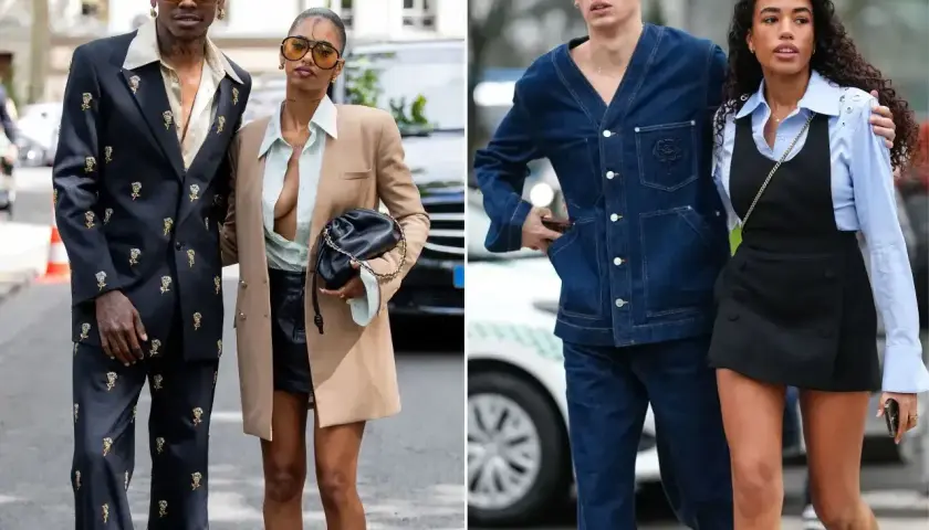 Elegancki mężczyzna w garniturze z wzorem, inspiracja, jak ubrać się na randkę mężczyzna. Obok para w denimowych stylizacjach.