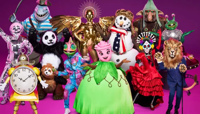 En grupp fantasifulla karaktärer från Masked Singer Sverige, inklusive en hajpirat, panda, snögubbe och lejon.