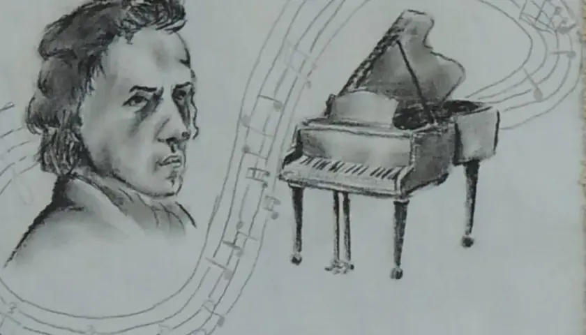 Rysunek przedstawia Fryderyka Chopina, jego portret otoczony nutami, obok fortepian i linijka.