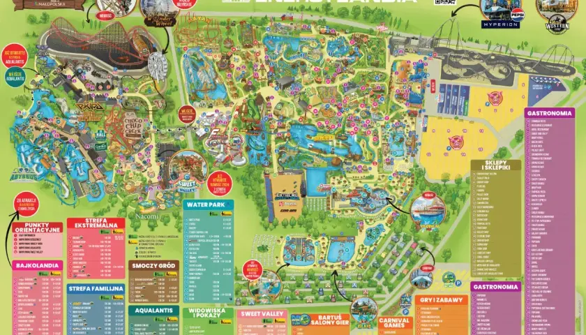Mapa parku rozrywki, gdzie jest Energylandia. Znajdziesz tu strefy: Ekstremalna, Bajkolandia, Familijna, Water Park, Sweet Valley, Smoczy Gród i Aqualantis.