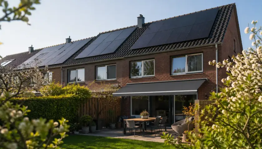 Reihenhaus mit vielen solar auf dem dach. Ein Garten mit Tisch und Stühlen lädt zum Verweilen ein.