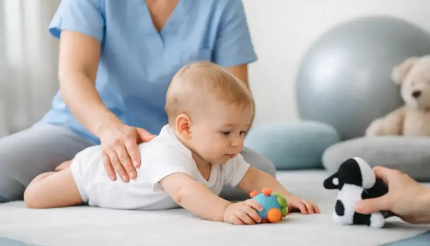 Niemowlę ćwiczy, by zniwelować wzmożone napięcie obręczy barkowej. Terapeuta delikatnie wspiera malucha, który sięga po zabawki.