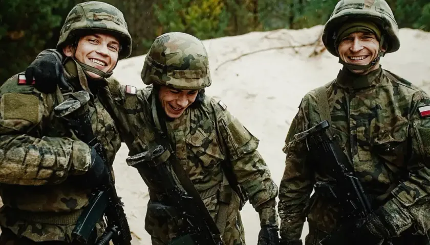 Trzech uśmiechniętych żołnierzy wojsk obrony terytorialnej w mundurach i hełmach, z karabinami, na tle piasku i drzew.