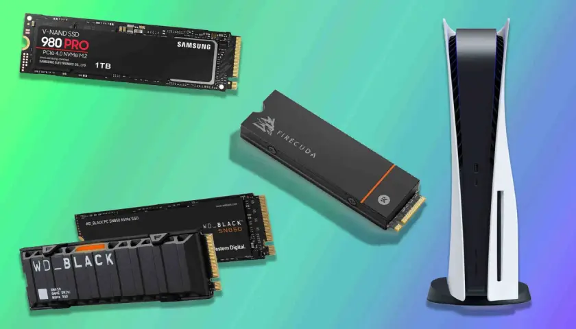 Disque dur SSD M.2 NVMe, comme le Samsung 980 PRO et le WD_BLACK SN850, à côté d'une console PS5.