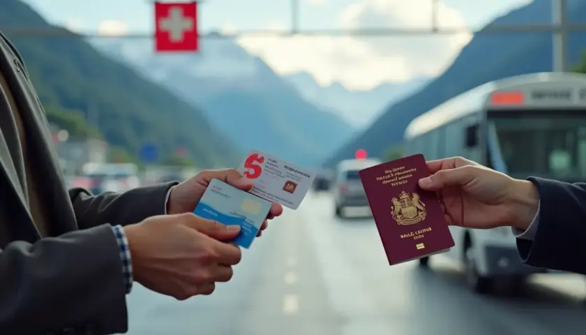 Ręce trzymające paszport, dowód osobisty i kartę identyfikacyjną na tle gór i flagi Szwajcarii.