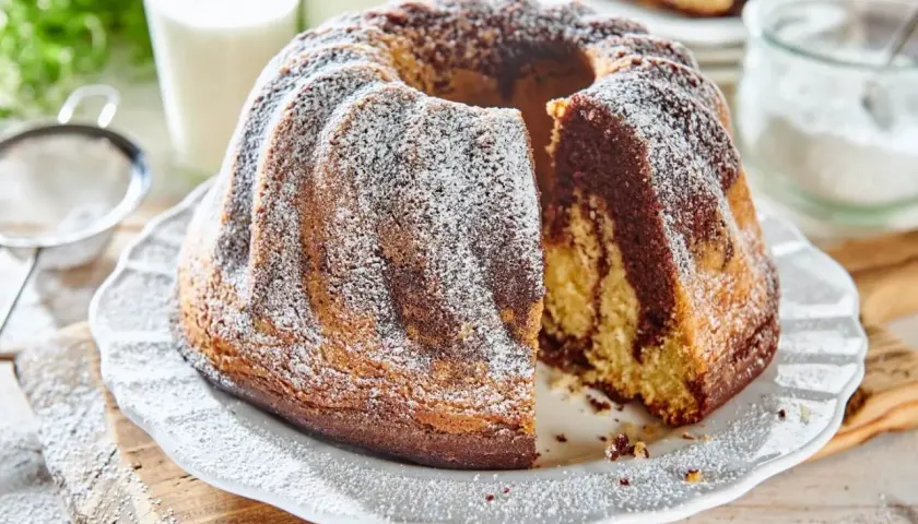 Puszysta babka na oleju z polewą z cukru pudru, z kawałkiem odciętym, by pokazać jej marmurkowe wnętrze.
