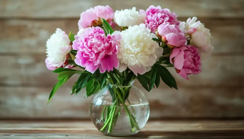 Un bouquet de pivoines roses et blanches dans un vase en verre. La pivoine blanche signification évoque la pureté et la beauté.