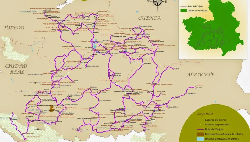 Mapa de la ruta del Quijote, con pueblos, castillos y monumentos. Incluye un recuadro de situación.