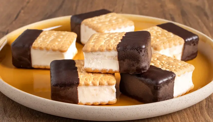 Biscotti gelato con oro Saiwa, una ricetta golosa: biscotti secchi ripieni di gelato e ricoperti di cioccolato fondente.
