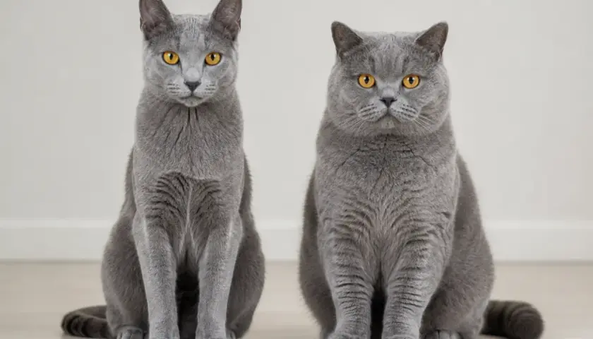 Zwei graue Katzen mit bernsteinfarbenen Augen sitzen nebeneinander. Die linke ist schlanker, die rechte ist rundlicher.