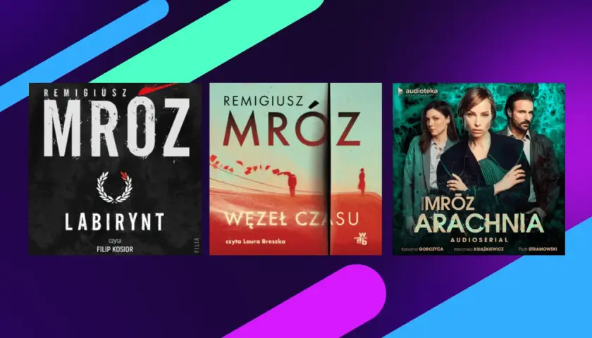 Okładki książek i audiobooków Remigiusza Mroza: "Labirynt", "Węzeł czasu" i "Arachnia".