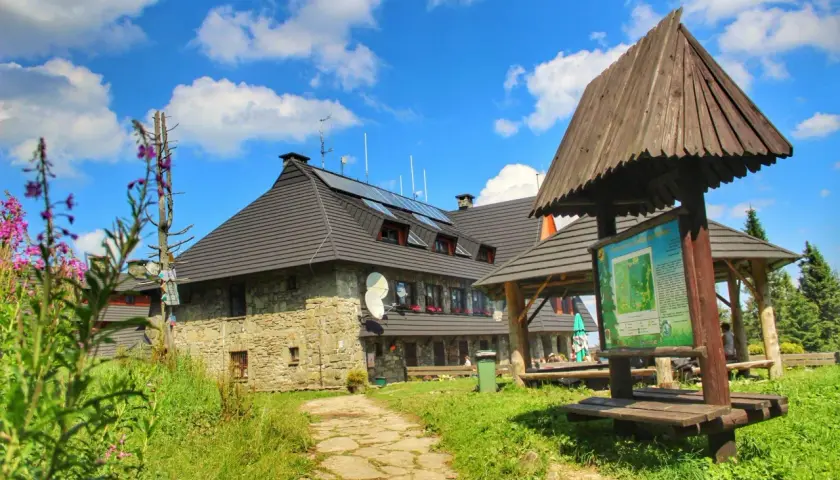 Kamienny schronisko na Turbaczu z dzieckiem w tle, otoczone zielenią i kwitnącymi kwiatami.
