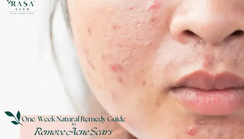 Skóra z widocznymi śladami po trądziku, bliznami i zaczerwienieniami. Poradnik "One-Week Natural Remedy Guide to Remove Acne Scars" sugeruje, co na kaszkę na twarzy.