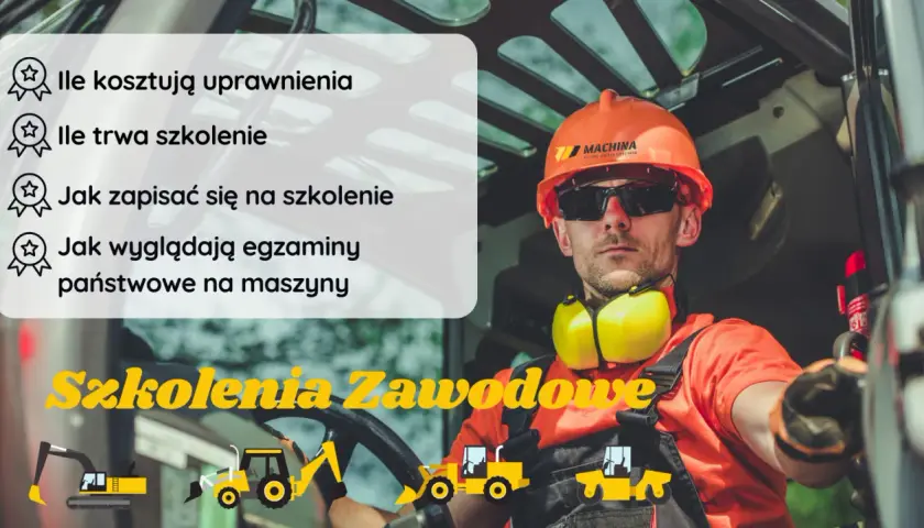 Operator w kasku i okularach, obok lista pytań: "Czy na koparkę trzeba mieć uprawnienia?". Grafiki maszyn budowlanych.