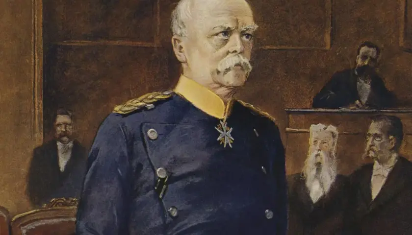 Porträt von Otto von Bismarck, jung, in Uniform mit Orden. Im Hintergrund Männer in Anzügen.