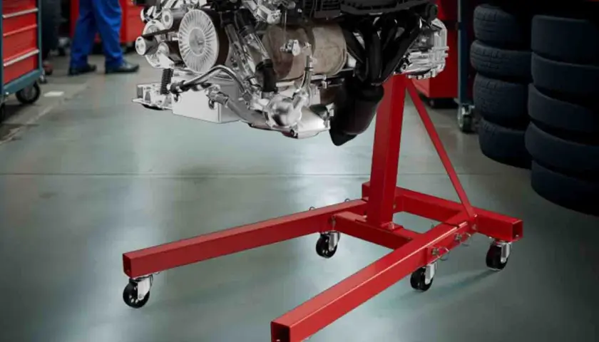 Ein Motor hängt an einem roten hydraulischen Getriebeheber.