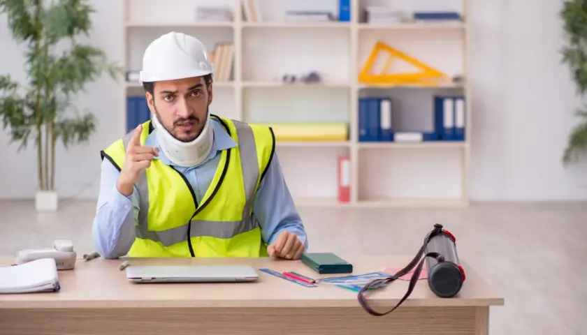 Lavoratore autonomo con collare cervicale e giubbotto ad alta visibilità, punta il dito mentre parla. Potrebbe essere in attesa di un indennizzo INAIL per infortunio.