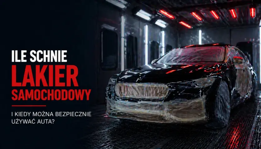 Czarny samochód w kabinie lakierniczej, częściowo oklejony folią. Tekst: "Ile schnie lakier samochodowy?".