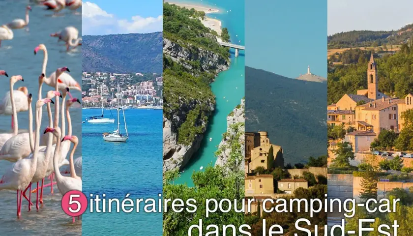 Collage de flamants roses, voiliers, Gorges du Verdon, Mont Ventoux et village provençal.