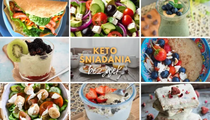 Keto śniadanie do pracy: kolorowe sałatki, owsianka z owocami, smoothie i keto batoniki.