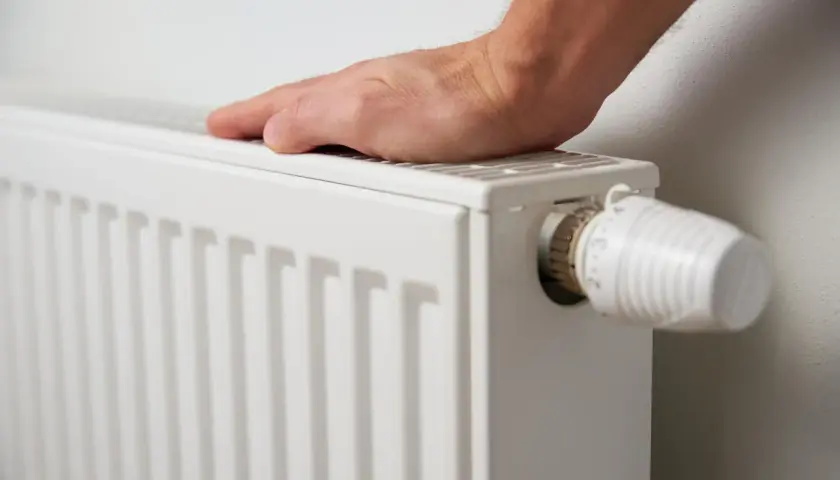Dłoń na grzejniku, sprawdzająca temperaturę. Czas na włączenie ogrzewania, kiedy zaczyna się sezon grzewczy.
