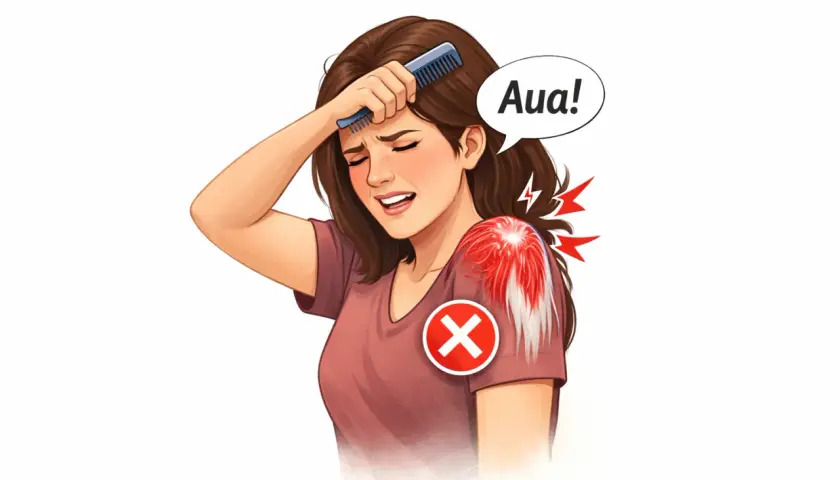 Frau mit schmerzender Schulter, die sich mit einem Kamm durch die Haare fährt. "Aua!" deutet auf die psychischen Ursachen von Frozen Shoulder hin.