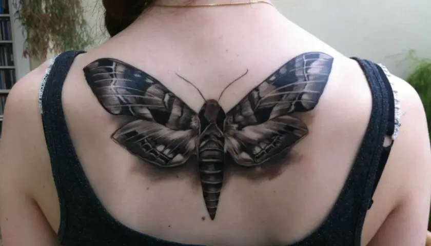 Realistyczny tatuaż ćmy na plecach. Symbolizuje transformację, intuicję i mądrość.