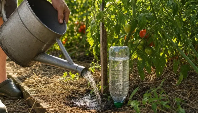 Une astuce pour arroser les tomates : une bouteille percée plantée près du pied pour une irrigation lente et efficace.