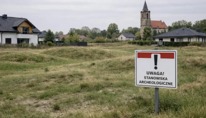 Znak "Uwaga! Stanowiska archeologiczne" na tle zabudowań i kościoła.