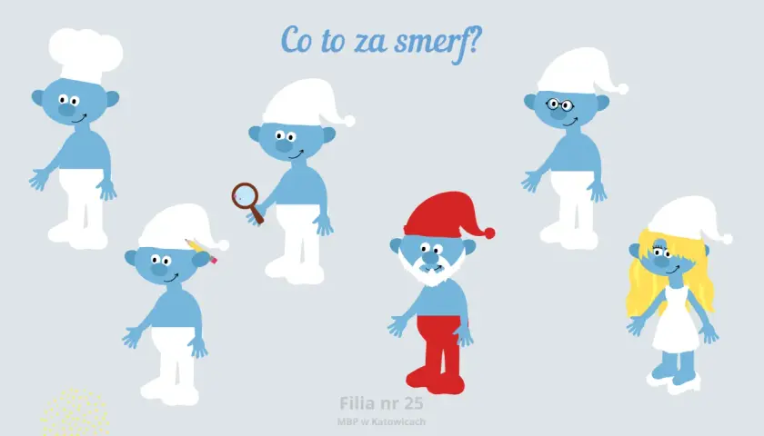 Wesoły dzień smerfa w przedszkolu! Smerfy w czapkach, jeden z lupą, inny z ołówkiem, a Papa Smerf w czerwonej czapce.