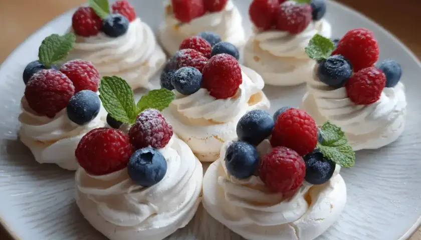 Sześć delikatnych bez z kremem mascarpone, ozdobionych malinami, borówkami i listkami mięty.