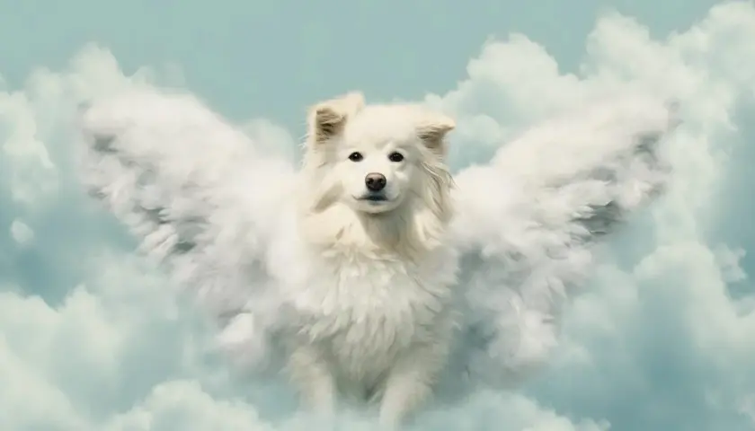 Un perro blanco con alas de nube, como un ángel guardián, en un día especial para las mascotas.