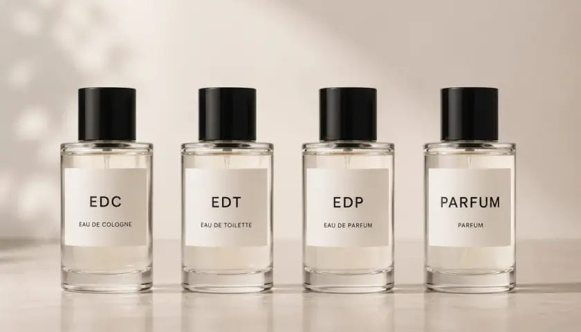 Cztery butelki perfum: EDC, EDT, EDP, PARFUM. Oznaczenia na etykietach wskazują na różną trwałość perfum.