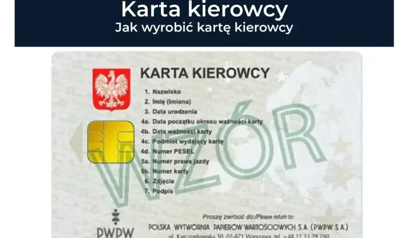 Karta kierowcy z chipem i godłem Polski. Informacje o danych kierowcy, ważności karty i podmiocie wydającym. Idealna do pierwszego logowania nowej karty kierowcy.