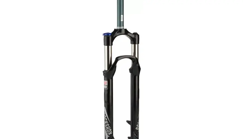 A RockShox Recon Silver RL review would highlight this black suspension fork, featuring silver RockShox branding and a blue lockout knob.
