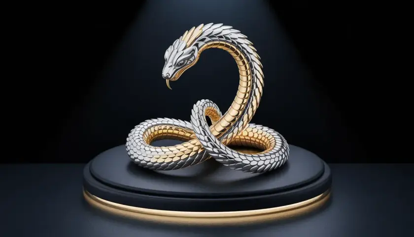 Sculpture d'un serpent en argent et or, enroulé sur lui-même, évoquant le serpent qui se mord la queue.