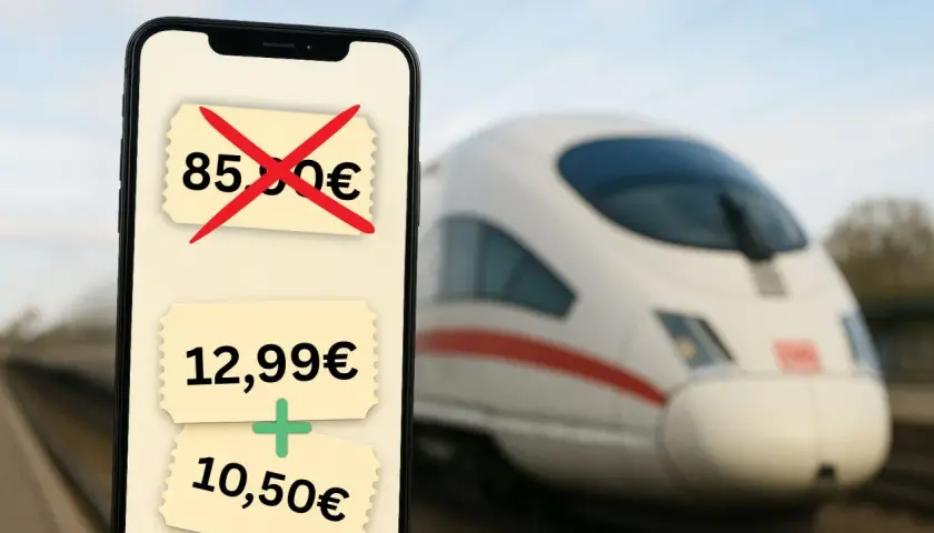 Günstige Zugreisen in Deutschland: Ein Handy zeigt Angebote für Bahntickets. Ein teures Ticket ist durchgestrichen, darunter günstige Optionen.