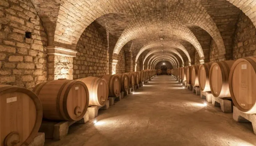 Allées voûtées d'une cave à vin à Beaune, remplies de rangées de fûts en bois. Une visite de cave Beaune inoubliable.