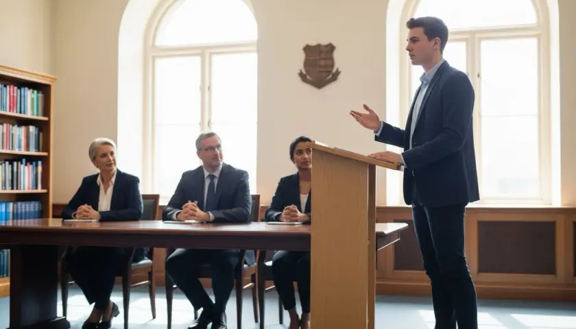 Młody mężczyzna prezentuje swoją obronę pracy licencjackiej przed komisją.