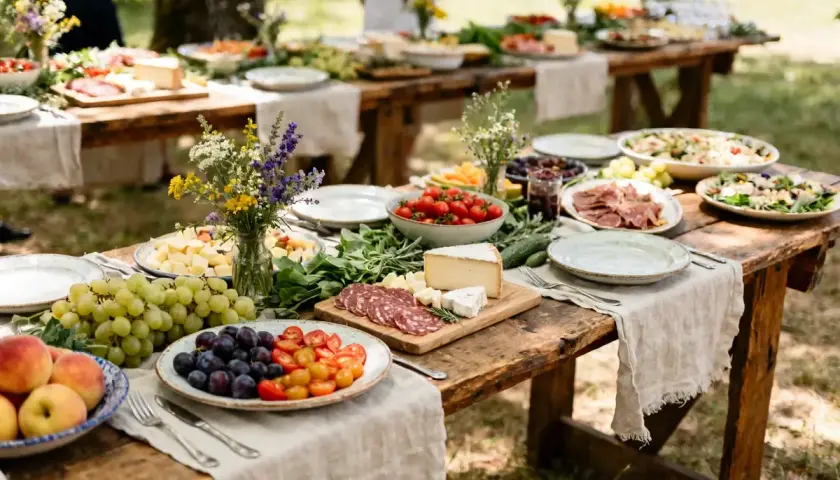 Un magnifique buffet champêtre pour un anniversaire, avec fruits frais, fromages, charcuterie et salades, dressé sur des tables en bois rustiques en extérieur.