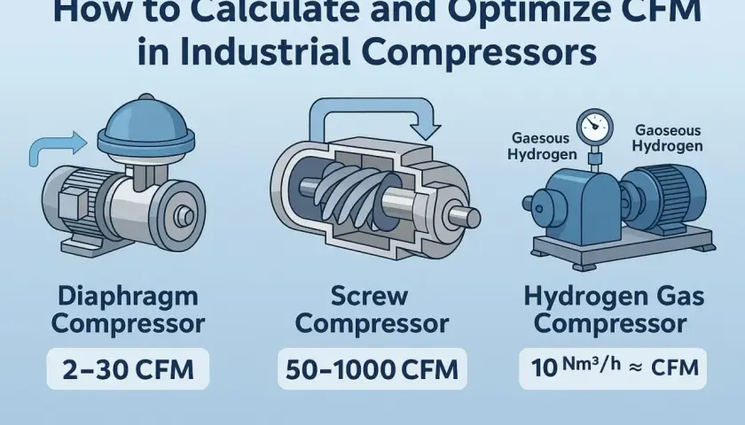 Ilustración muestra compresores de diafragma, de tornillo y de gas hidrógeno, detallando su **ciclo de trabajo** y rangos de CFM.